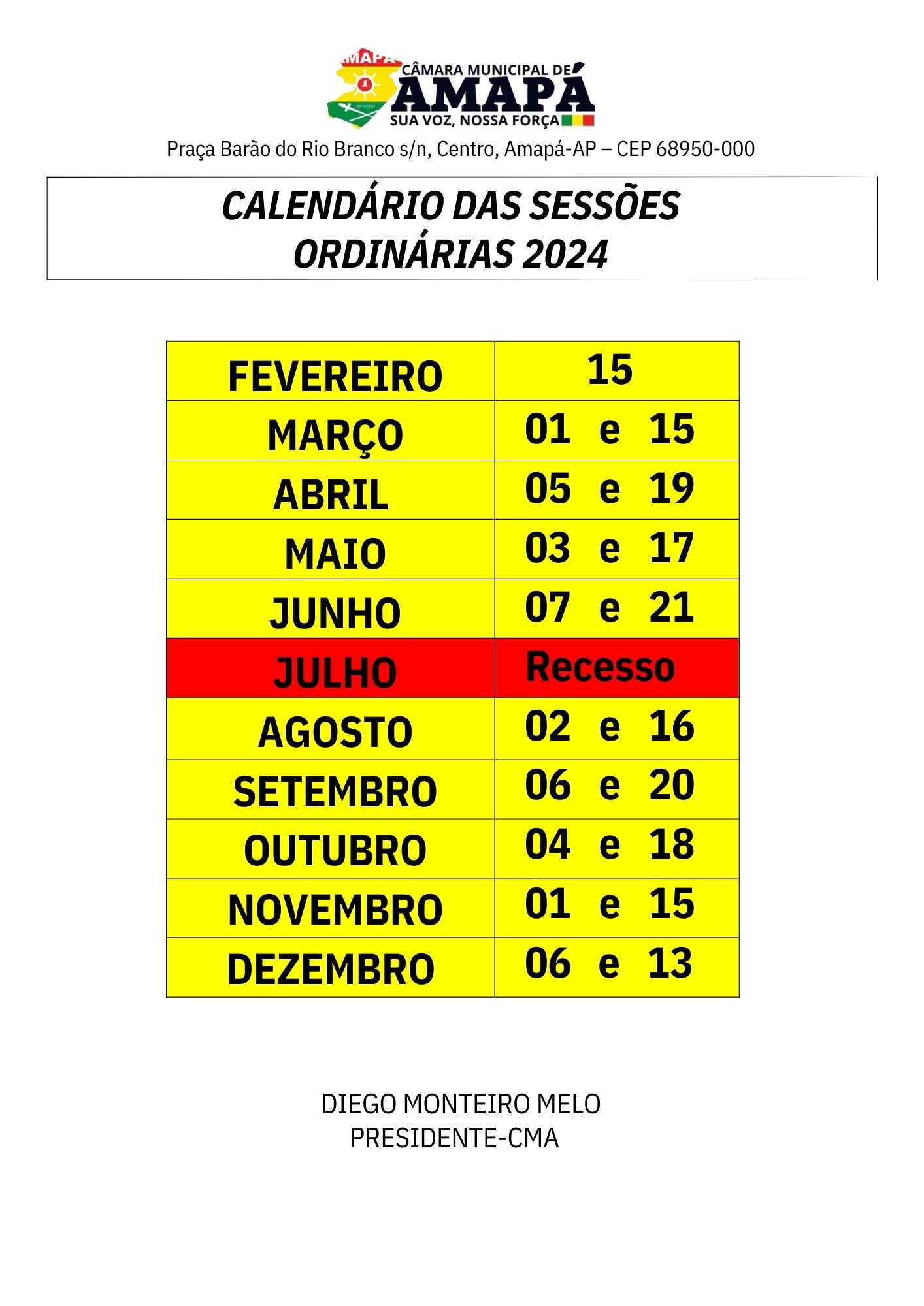 CALENDÁRIO DAS SESSÕES ORDINÁRIAS 2024 