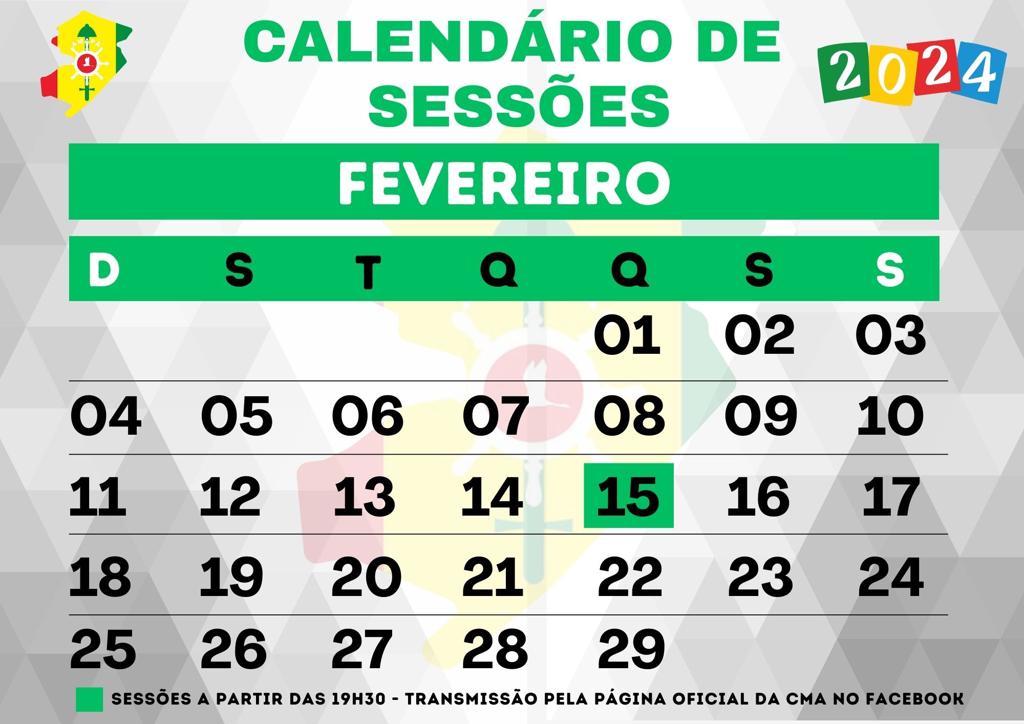 Calendário de Sessão - Fevereiro - 2024