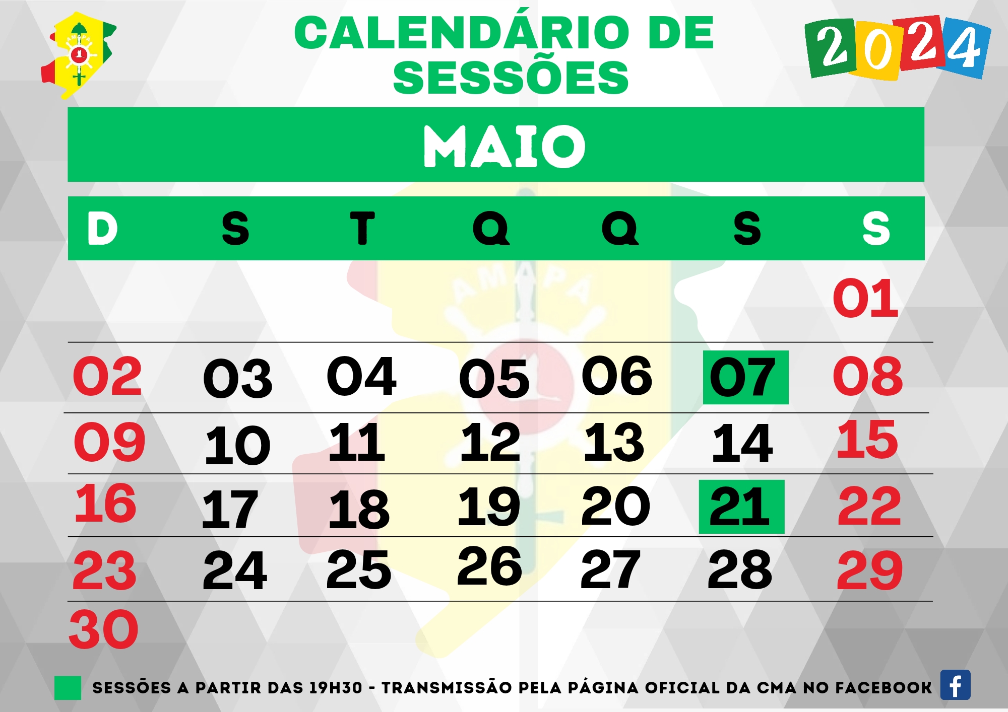 Calendário Sessão - Mês de junho 2024